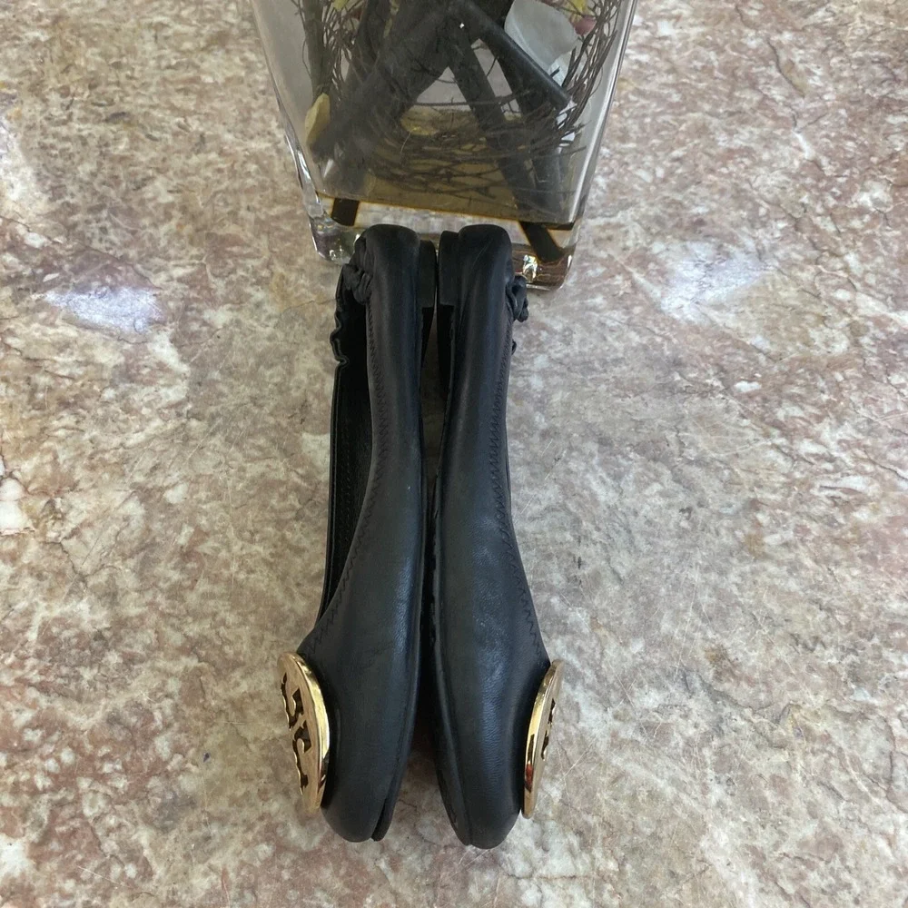 Tory Burch Minnie Travel‎ Black Leather Ballet Flat Size 6.5 M EUC, $228